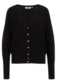 Svart ribbad cardigan med V-ringning, långa ärmar och sex framträdande silverknappar nedtill. Mjuk stickad textur.