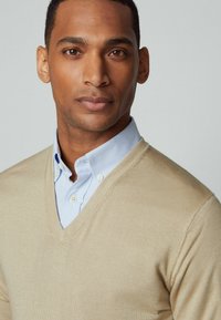 Beige v-hals trui gemaakt van gebreide stof, gelaagd over een lichtblauw overhemd met knoopdetails. Zachte textuur en een aansluitend ontwerp.