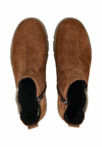 Botas de tobillo de cuero marrón con un acabado texturizado, cremalleras laterales, forro suave y suela de goma. Presentan una lengüeta en la parte posterior.