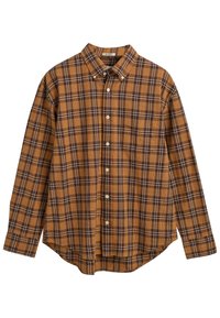 Brązowa koszula w kratę z długim rękawem, kołnierzykiem i białymi guzikami. Materiał ma teksturowany splot z kontrastującymi ciemnymi akcentami.