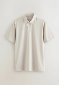 Helebeežikas lühikeste varrukatega polo-särk, krae, kahe-nupuline nööbitav osa ja sile tekstuur. Valmistatud puuvillasegust kangast.