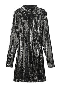 Robe noire et argentée à sequins avec manches longues, col haut et fermeture éclair au dos. Présente une silhouette ajustée avec une texture scintillante.