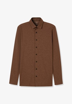 Brown long-sleeve shirt made of textured fabric, featuring a classic collar, button front with black buttons, and straight cut hems.