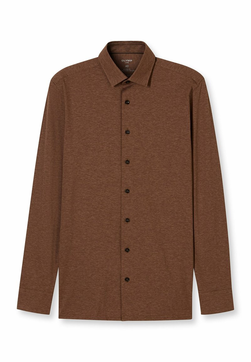 Braunes Langarmhemd aus strukturiertem Stoff, mit klassischem Kragen, durchgehender Knopfleiste mit schwarzen Knöpfen und gerade geschnittenem Saum.
