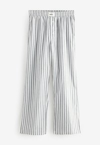 Sive i bijele prugaste pidžama hlače s elastičnim pojasom, kopčanjem na gumbe i širokim nogavicama. Izrađene od laganog materijala.