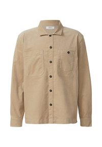 Smotanová kordovú košeľa s golierom na gombíky, dvoma náprsními vreckami a tmavozelenými gombíkmi. Rovno strih s dlhými rukávmi.