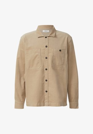 Bež košulja od kordura s ovratnikom na gumbe, dva džepa na prsima i tamnosmešnim gumbima. Ravnog kroja s dugim rukavima.