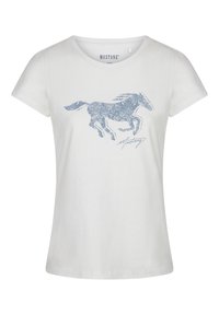 Witte t-shirt met een blauwe grafische afbeelding van een paarden in beweging, gemaakt van zachte katoen, met een ronde hals en korte mouwen.