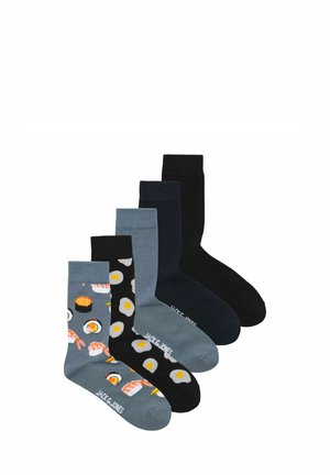 Fem par strumpor med sushi-mönster, i olika nyanser av grått, svart och en helt svart design. Blandning av bomull, crew-längd.