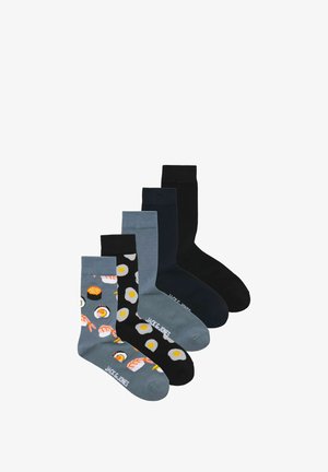 Five pairs of socks, featuring sushi graphics, varying shades of gray, black, and a solid black design. Cotton blend, crew length.