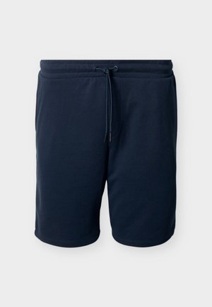Marineblaue legere Shorts mit elastischem Bund und Kordelzug, Vordertaschen und glatter, einfarbiger Stoffstruktur.