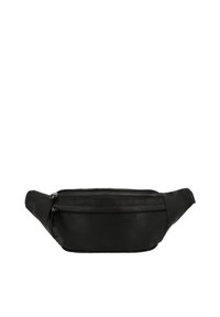 Černá kožená ledvinka s hladkým povrchem, přední zipová kapsa a zakřivené boční hrany. Obsahuje jemné logo na přední straně.