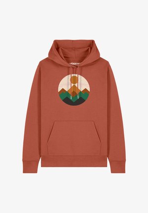 Hoodie in rostfarben mit Kängurutasche und Kapuze mit Kordelzug. Mit einem kreisförmigen Grafikdesign von Bergen und Sonne in erdigen Tönen.