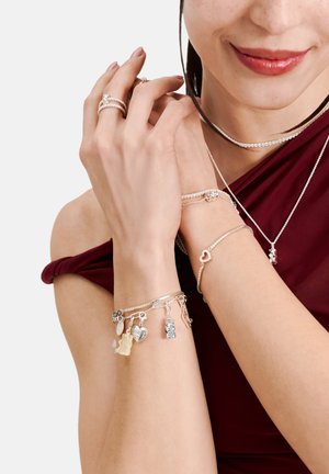 Silver jewelry includes multiple rings and bracelets, featuring charms like hearts and animals. A delicate, textured silver necklace is also visible.