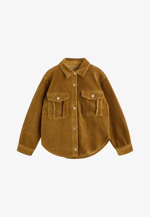Bruine corduroy shirt met een knoopsluiting aan de voorkant, kraag en twee borstzakken. Heeft een geribbelde textuur en een afgeronde zoom.