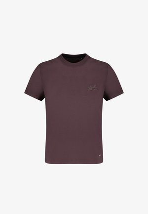 T-shirt in cotone color bordeaux con maniche corte, collo a giro e un piccolo disegno ricamato di una bicicletta sul petto. Presenta un logo sull'orlo.