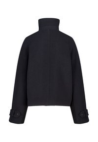 Chaqueta de lana negra con cuello alto, mangas largas y correas ajustables con hebilla en los puños, vista desde la parte trasera.