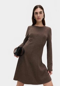 Robe marron à manches longues avec une coupe droite et des détails de coutures subtiles. Le mannequin tient une petite pochette noire, mettant en avant une texture lisse.