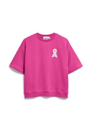 Felroze korte mouwen sweatshirt met een ronde halslijn en een witte gestileerde "Å"-logo op de linkerborst.