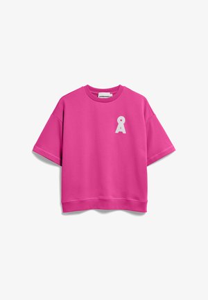 Felroze korte mouwen sweatshirt met een ronde halslijn en een witte gestileerde "Å"-logo op de linkerborst.