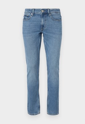 Helleblaue Jeans aus Denim mit geradem Bein, vorderen Taschen und Knopfverschluss. Hat eine leichte Ausbleichung und keine sichtbaren Muster.