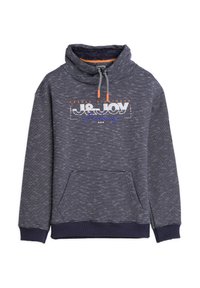 Navyblauwe gestreepte hoodie met een hoge kraag, een buidelzak, grijze trekkoorden en contrasterende oranje accenten. Bevat het "J8&JOY" logo.