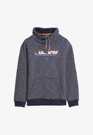 Hoodie rayé bleu marine avec un col haut, une poche kangourou, des cordons gris et des accents orange contrastants. Arbore le logo "J8&JOY".