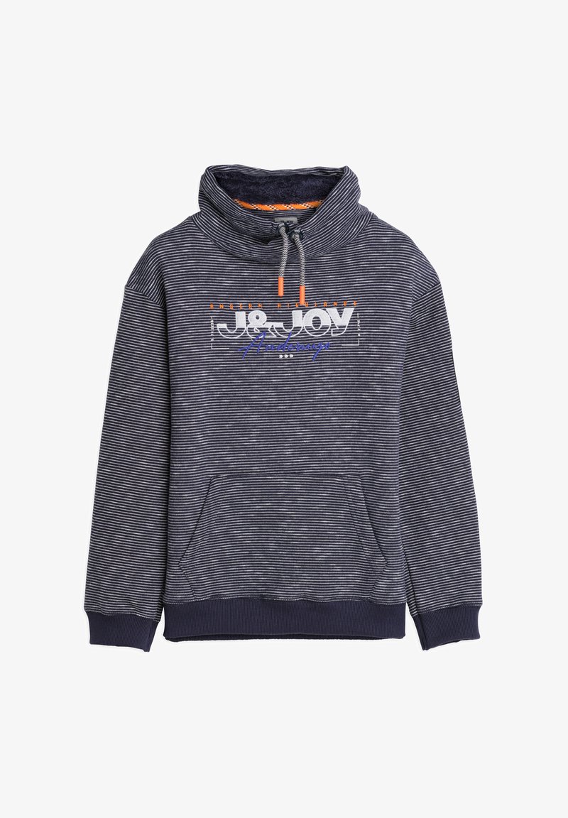 Navyblauwe gestreepte hoodie met een hoge kraag, een buidelzak, grijze trekkoorden en contrasterende oranje accenten. Bevat het "J8&JOY" logo.