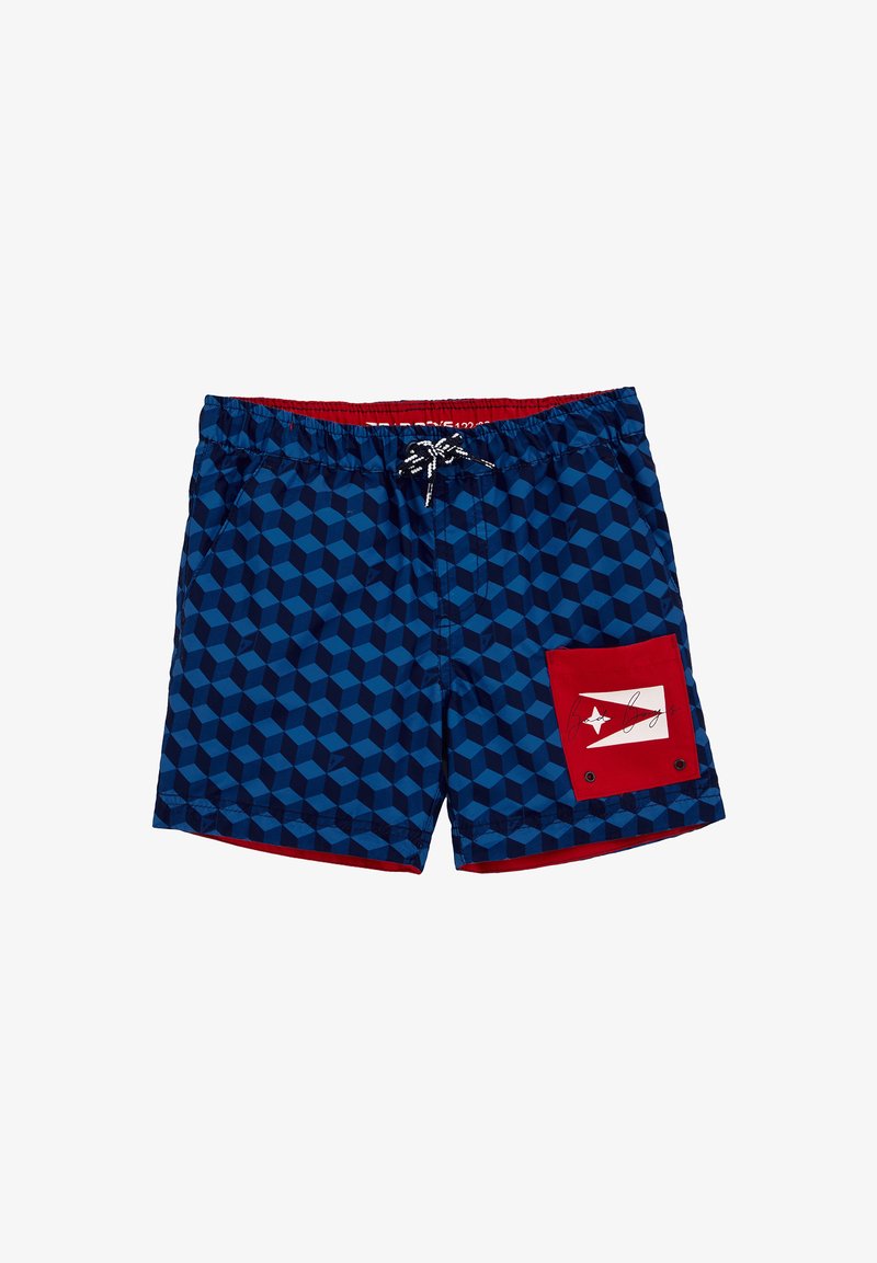 Mėlyni maudymosi šortai su geometriniu raštu, raudonais akcentais ir šonine kišene, kuri turi baltą dizainą ir parašą. Reguliuojamas juosmens raištis.