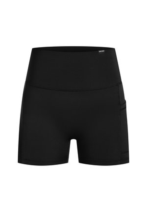 Mustat urheilushortsit, jotka on valmistettu venyvästä materiaalista, korkea vyötärö ja sivutaskut. Sileä pinta ja istuva malli.