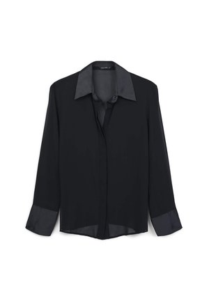 Schwarze Bluse mit langen Ärmeln, weitem Kragen und Manschetten aus glänzendem Stoff, Knopfleiste vorne, leicht durchsichtiger Material.