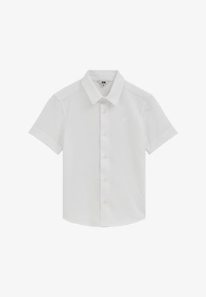 Chemise blanche à manches courtes avec col pointu, sept boutons et un petit logo discret sur la poitrine gauche.