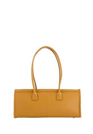 Mustard yellow leather tote bag with two short handles, rectangular shape, smooth texture, and subtle embossed logo detail.