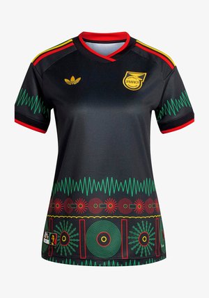 Camiseta negra de la Federación de Fútbol de Jamaica con detalles en rojo, amarillo y verde, que presenta patrones geométricos y circulares y el logo de Adidas en el pecho.