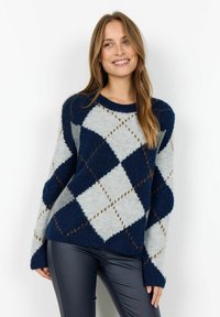 Navy und hellgrauer übergroßer Pullover mit Rautenmuster, runder Ausschnitt und weichem, strukturiertem Strickstoff.