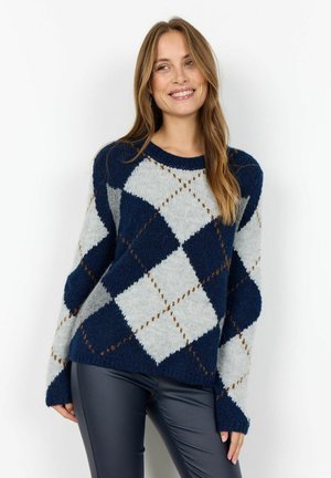 Navy and light gray oversized sweater with a diamond pattern, featuring a round neckline and soft, textured knit fabric.