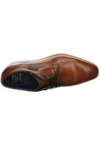Brown leather dress shoe with a rounded toe, lace-up closure, and subtle stitching detail. Soft texture and a smooth finish.