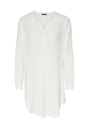 Biała tunikowa bluzka z długim rękawem, okrągłym dekoltem, częściową listwą z guzikami i lekko zaokrąglonym dołem.