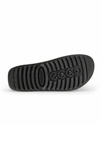 Suola di scarpa nera in gomma con scanalature testurizzate e un logo circolare che legge "ecco." Forma piatta con una superficie uniforme.