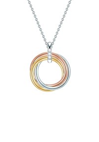 Sølv kæde halskæde med en multicolorer vedhæng bestående af sammenflettede ringe i rosaguld, guldbold og sølv, prydet med en lille diamant.