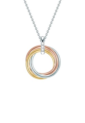 Sølv kæde halskæde med en multicolorer vedhæng bestående af sammenflettede ringe i rosaguld, guldbold og sølv, prydet med en lille diamant.