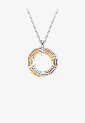 Sølv kæde halskæde med en multicolorer vedhæng bestående af sammenflettede ringe i rosaguld, guldbold og sølv, prydet med en lille diamant.