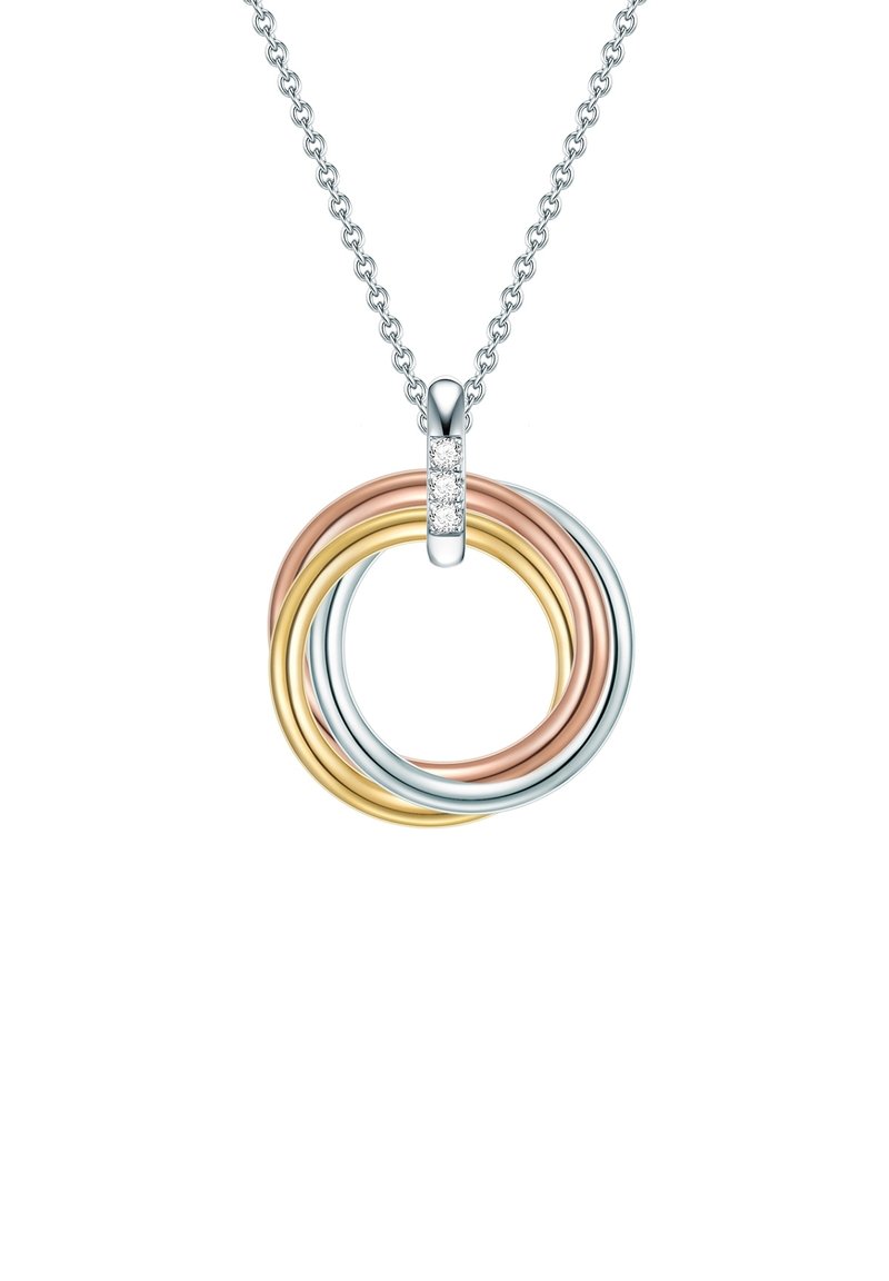 Sølv kæde halskæde med en multicolorer vedhæng bestående af sammenflettede ringe i rosaguld, guldbold og sølv, prydet med en lille diamant.