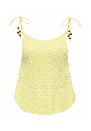 Top sin mangas tejido de crochet en amarillo claro con tirantes de lazo decorados con cuentas marrones y blancas en los extremos.
