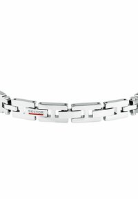 Bracciale in metallo argentato con anelli rettangolari intrecciati, finitura lucida e un piccolo dettaglio del logo "SECTOR" in rosso e nero.