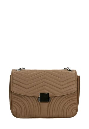 Tan quilted handbag with a chevron texture, rectangular shape, silver hardware clasp, and a detachable chain strap.