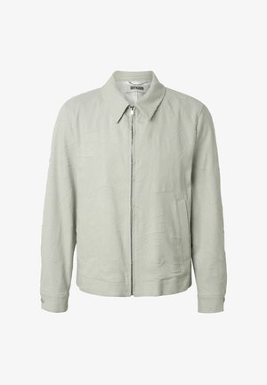 Vaaleanharmaa vetoketjullinen takki, jossa kohokuvioidut abstraktit kuviot, terävä kaulus ja napilliset hihansuut, merkiltään Drykorn.