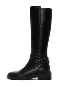 Knee-high black leather boots with a smooth finish, featuring a wide strap with a metallic buckle accent and a chunky block heel.