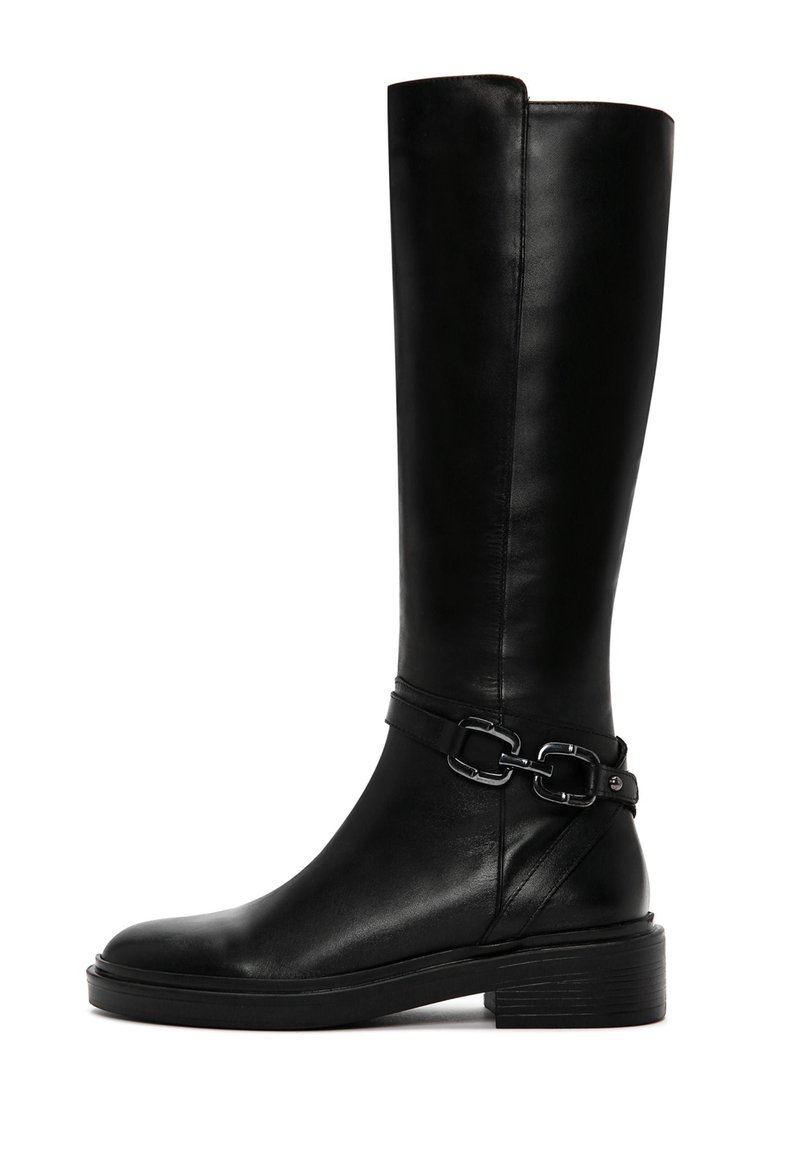 Knee-high black leather boots with a smooth finish, featuring a wide strap with a metallic buckle accent and a chunky block heel.