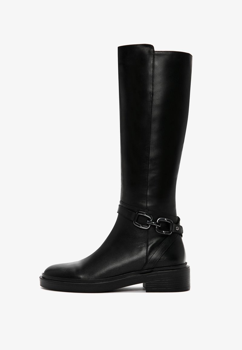 Knee-high black leather boots with a smooth finish, featuring a wide strap with a metallic buckle accent and a chunky block heel.